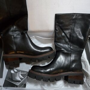 Arezzo Women's Bota Leather Pull On Block Heel Knee-High Boots | Black | 8.5B